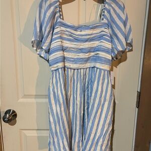 NWT LC Lauren Conrad Blue & White Striped Puff Sleeve Smocked Mini Dress - lg